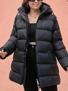 EURMUSE Plus Size Zip Up Drawstring Hooded Puffer Coat, For Winter - Black - View 6