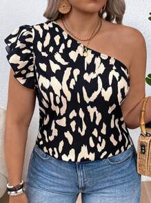 SHEIN VCAY Plus Size Leopard Print One-Shoulder Vacation Blouse With Flutter Sleeves - Multicolor - View 4