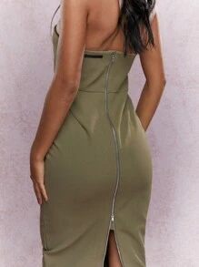 MISSGUIDED Tailored Suede Bandeau Slit Back Midi Dress - Army Green - View 4