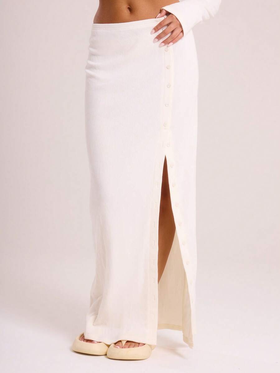 MUSERA Button Down Side Maxi Skirt With Split Elegant Summer Party Vacation - Apricot - View 1
