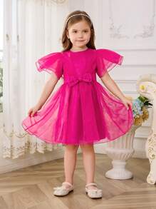 SHEIN Young Girl Woven Net Solid Color Elegant Organza Short Sleeve Party Dress With Bowknot And Waist-Cinching Design - Hot Pink - View 4