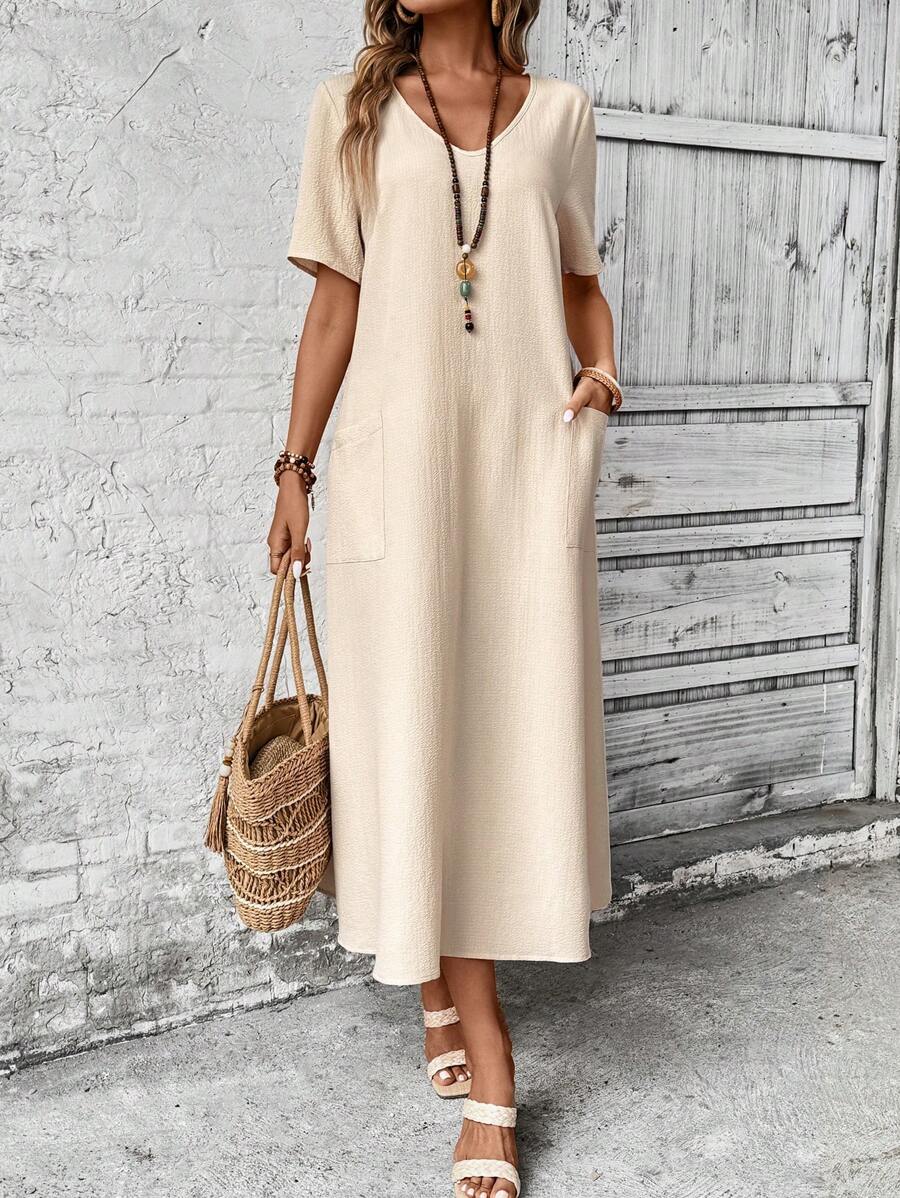 EMERY ROSE Vestido largo de verano casual para mujer con cuello en V, bolsillo y de un solo color - Albaricoque - Ver 1