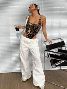 SHEIN EZwear Leopard Print Backless Bodysuit