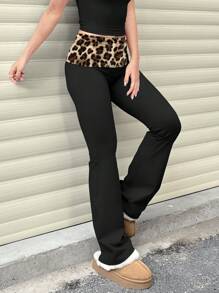 Leopard Print Patchwork Leggings Women's Casual Solid Color Wide-Waist Flare Pants, Fold-Over Waist High Waist Ruched Slim Fit - Coffee Brown - View 6
