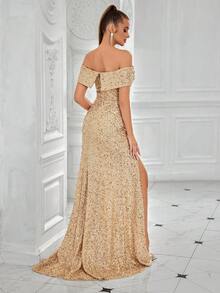 ADYCE Vestido de noche elegante de graduación, cena o boda con hombros descubiertos, fruncido delantero y abertura, vestido de fiesta formal con destellos - Champán - Ver 2