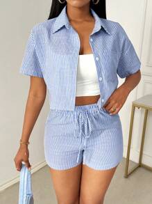 Breezaya Women's Summer Striped Short Sleeve Casual Shirt And Shorts Set With Pockets - Blue and White - View 5