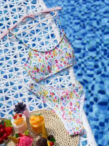 SHEIN Swim 女士夏季沙灘小花性感比基尼套裝，隨機印花 - 彩色 - 查看 5