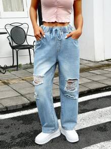 SHEIN PETITE Women's Drawstring Waist Ripped Straight Wide-Leg Denim Jeans - Blue - View 5