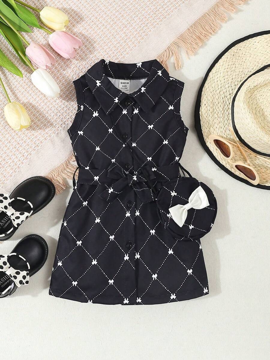 SHEIN Vestido Sin Mangas Con Botones Delanteros Y Estampado Integral Estilo Princesa De Verano Para Niña Bebé - Negro - Ver 1