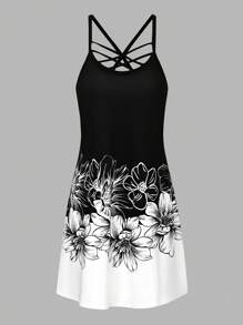 EMERY ROSE Women's Criss-Cross V-Neck Colorful Floral Printed Sleeveless Dress - Black and White - View 3
