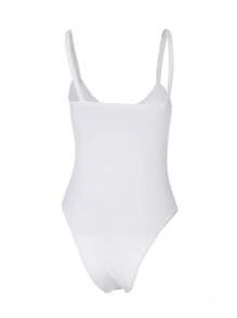 INAWLY Women's Summer Casual Solid Color Slim Fit Bodysuit With Spaghetti Straps - White - View 2