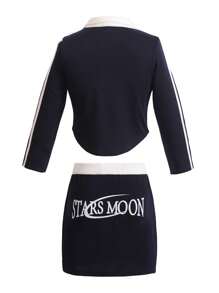 SHEIN Little Girls' Back-To-School Season Simple Slogan Print Color Block Decorated Zipper Jacket And Side Striped Decorated Skirt Casual Outfit, Summer