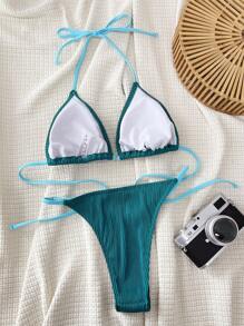 Swim SXY 女性夏季海灘彩塊露背領帶性感比基尼套裝（兩件裝） - 水鴨藍 - 查看 2
