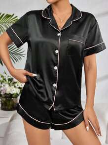 SHEIN Conjunto de pijama de 2 piezas de top de manga corta y pantalones cortos de unicolor de imitación de seda - Negro - Ver 6