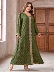 Moss Green V-Neck Long Sleeve Lace Patchwork  Loose Plus Size Arabic Clothing With Golden Stamping - Green - View 6