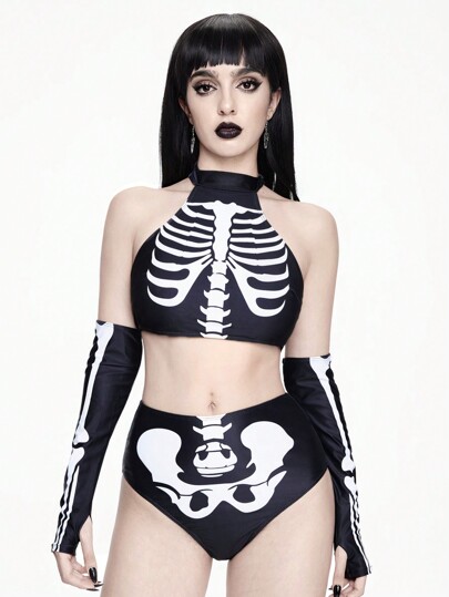 Goth Conjunto de bikini sexy para mujer con estampado de esqueleto y cuello de halter