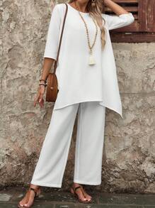 EMERY ROSE Women's Summer 3/4 Sleeve Shirt And Long Pants Set - White - View 1
