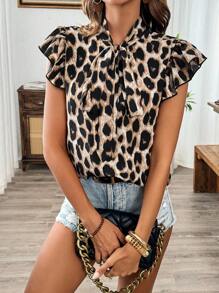 Breezaya Blusa de manga corta y estampado de leopardo con nudos estilo mariposa para mujer de primavera/verano - Multicolor - Ver 4