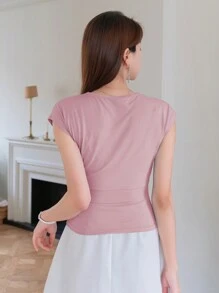 DAZY Camiseta de verano para mujer de unicolor con cuello en V cruzado y pliegues ajustados - Rosa - Ver 3