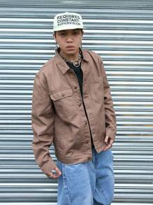Manfinity Roghcode Chaqueta de mezclilla casual para hombre de manga larga con botones y bolsillos, de unicolor - Caqui - Ver 3
