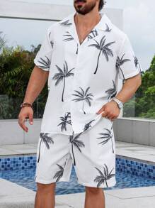 Manfinity RSRT Men's Coconut Tree Print Short Sleeve Shirt And Shorts Set (Random Cut) For Summer - White - View 5