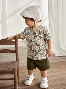 Cozy Pixies Baby Boy Knitted Soft Round Neck Short Sleeve Top With Plant & Flower Pattern, Solid Shorts 2pcs/Set - Army Green - View 1