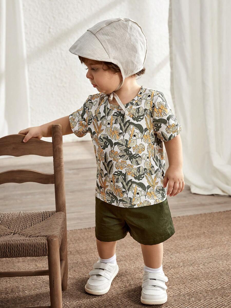 Cozy Pixies Baby Boy Knitted Soft Round Neck Short Sleeve Top With Plant & Flower Pattern, Solid Shorts 2pcs/Set - Army Green - View 1