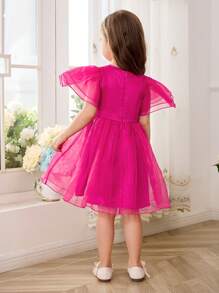 SHEIN Young Girl Woven Net Solid Color Elegant Organza Short Sleeve Party Dress With Bowknot And Waist-Cinching Design - Hot Pink - View 3