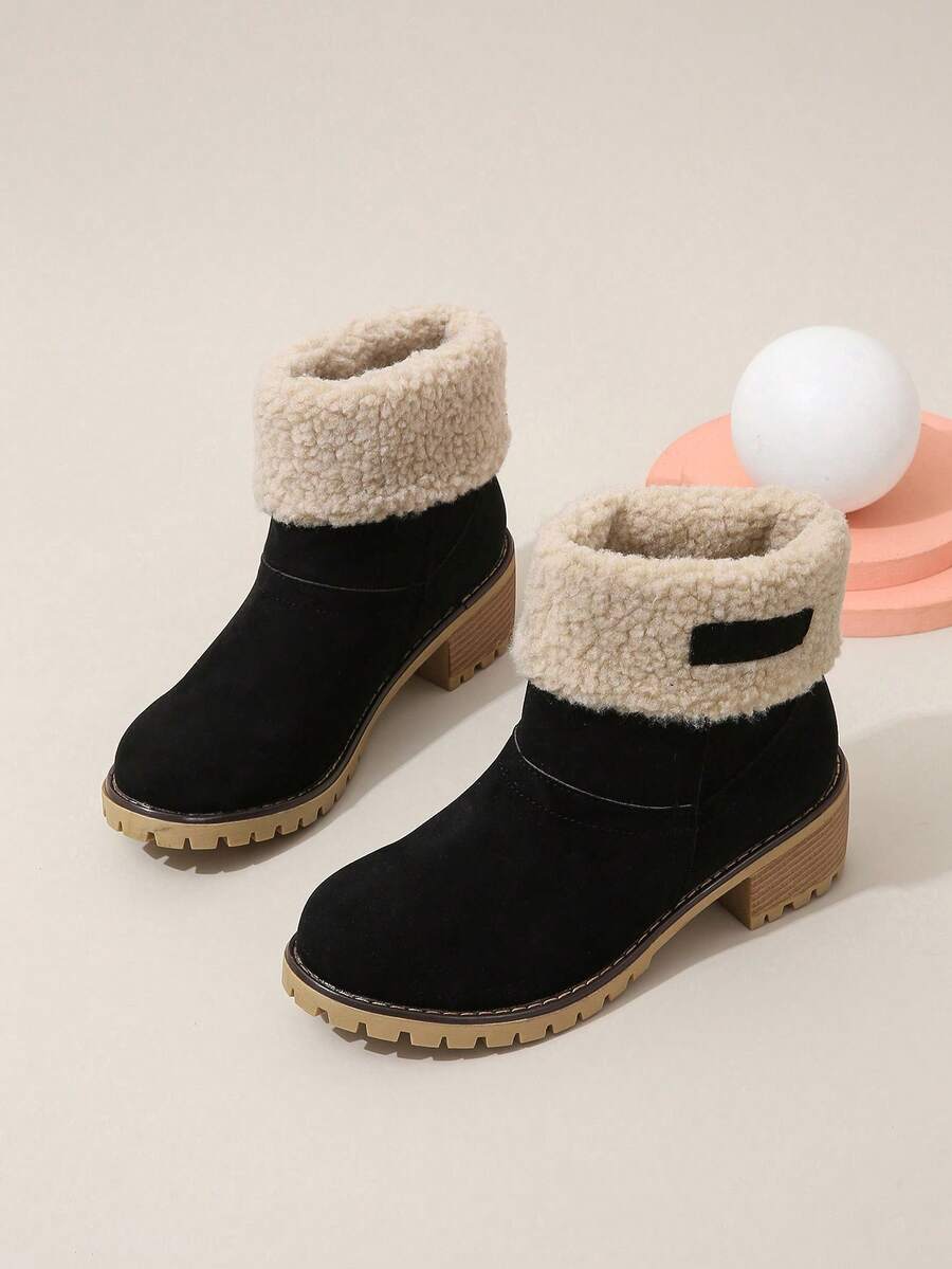 Women's Fashion Plus Size Black Plush SlipOn Comfortable Chunky Heel