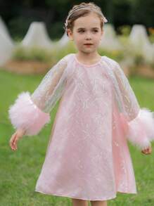 SHEIN Glamorique Kids 女孩閃爍水晶珠綴飾紗裙披肩，毛皮拼接和網狀裙裝，適合派對 - 粉色 - 查看 5