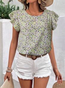 SHEIN VCAY Women's Vacation Loose Fit Ditsy Floral Ruffle Short Sleeve Blouse With Round Neck - Multicolor - View 3