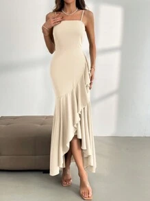 Firerie Women's Asymmetrical Hemline Spaghetti Strap Dress With Ruffle Trim - Apricot - View 7