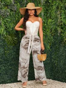 SHEIN SXY Women's Holiday Abstract Printed Drawstring Waist Wide Leg Pants - Khaki - View 1