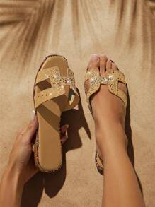 SHUZIA New Summer Slip-Resistant Padded Woven Slides With Rhinestone Decoration, Flat Sandals For Casual Fashion