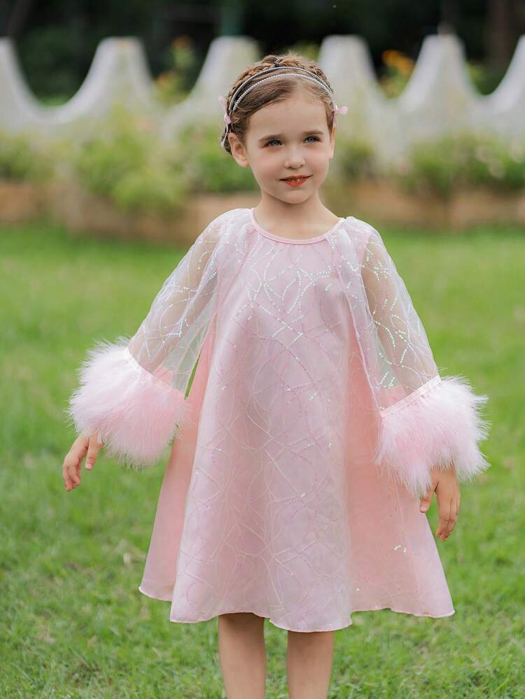 Girls' Glittery  Beaded Tulle Cloak With Furry Patchwork And Mesh Dress, Perfect For Parties