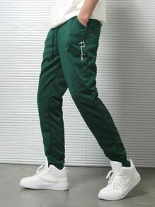 EURMUSE Cotton Men's Letter Print Drawstring Jogger Pants - Green - View 3