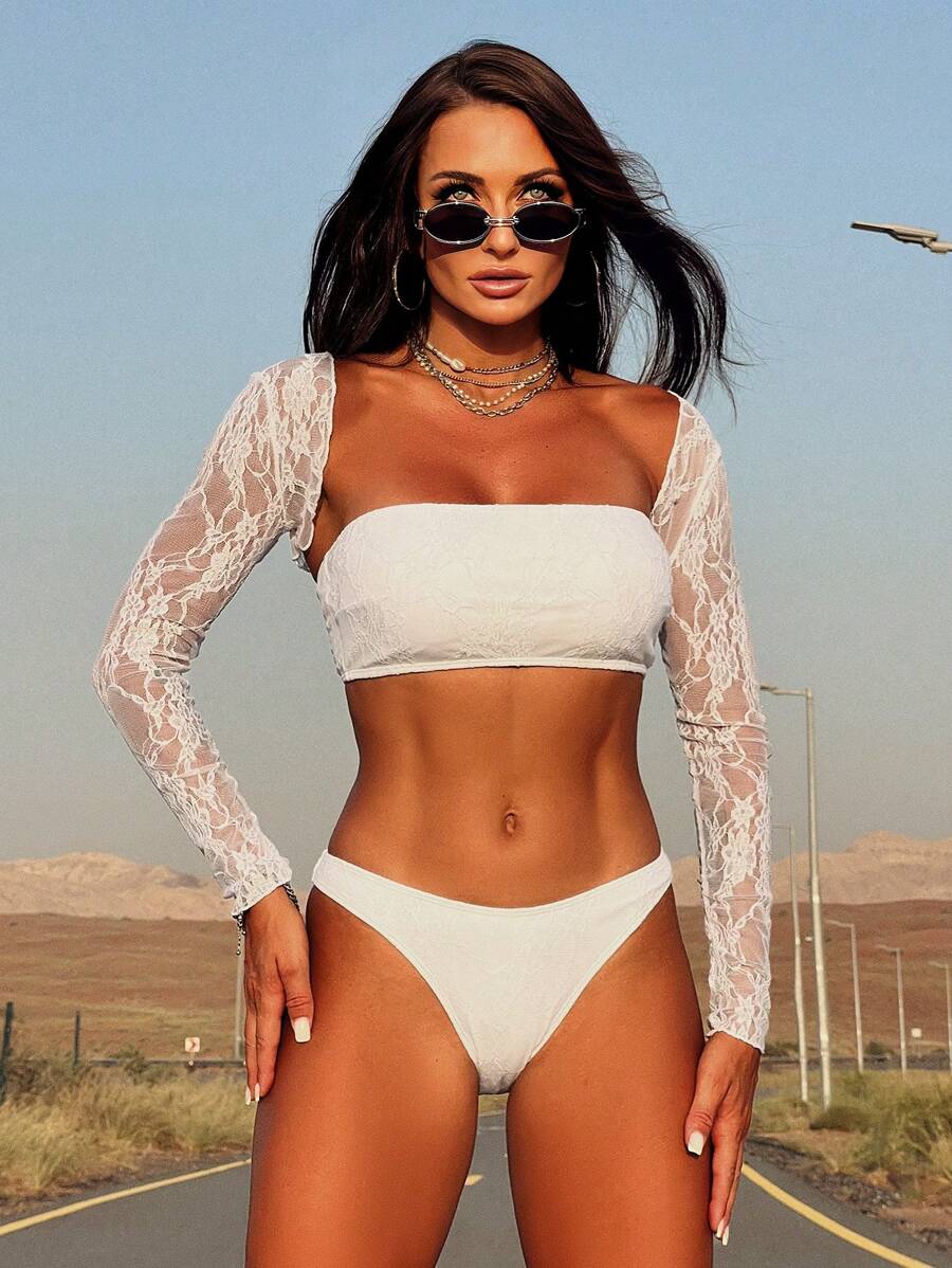 SHEIN Swim Ladies' Swimwear Set, Special Material, Lace, White, 3 Pieces Summer - White - View 1