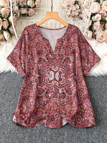 SHEIN LUNE Plus Size Vacation Leisure Vintage Printed Notched Collar Batwing Sleeve Shirt - Multicolor - View 1