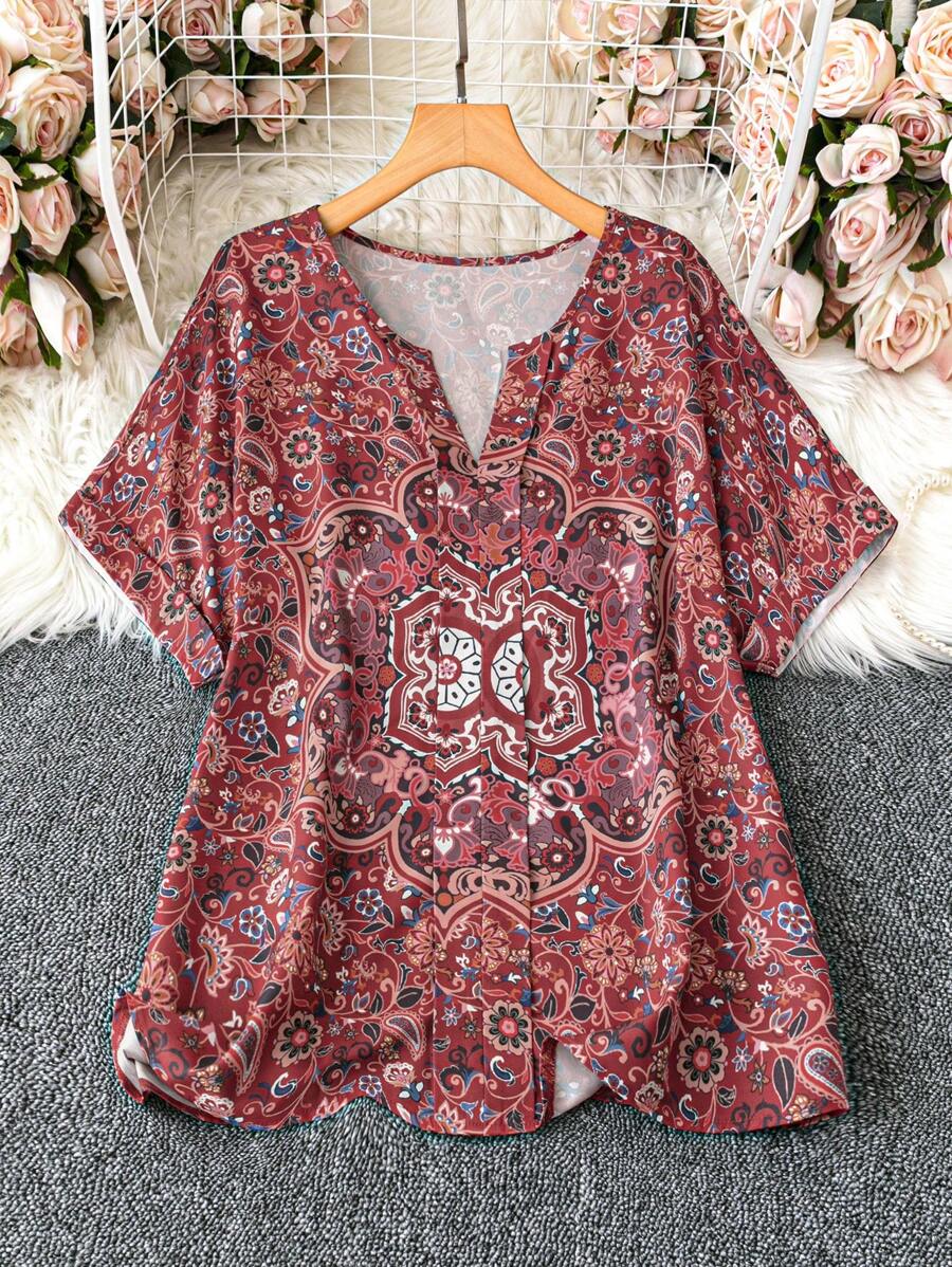 SHEIN LUNE Plus Size Vacation Leisure Vintage Printed Notched Collar Batwing Sleeve Shirt - Multicolor - View 1