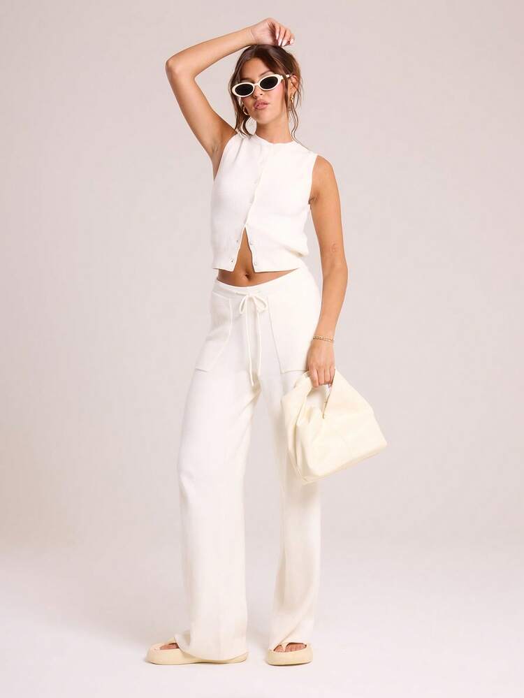 MUSERA Knitted Large Pocket Detail Tie Waist Sweater Trousers Wide Leg Vacation Airport Holiday Summer Beach Chic Spring Bridal Bachelorette Hen Do Wedding - Apricot - View 3