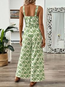 Chiquease Mameluco sin mangas estilo vacaciones hawaiano para mujer, pantalones largos. - Verde - Ver 2