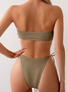 SHEIN Swim Women's Summer Beach Solid Color Strapless Hollow-Out Bandeau Bikini Set - Mocha Brown - View 2
