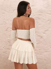 SHEIN BAE Summer Sweet Date Seaside Holiday Apricot Colored Texture Sensation Off Shoulder Cutout Button Front Split Hem Women's Top & Short Asymmetrical Hem Ruffle Trim Cake Skirt Women's 2pcs Set