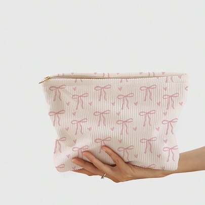 ROMWE Kawaii 1pc Double-Sided Printed Corduroy Makeup Bag With Bowknot Pattern