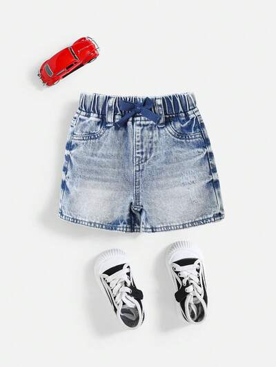 Baby Boys' Casual Washed Frayed Loose Straight Leg  Blue Denim Shorts,For Summer