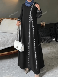 Women's Elegant Floral Trim Round Neck Long Sleeve Arabic Robe, Modest