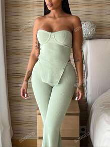 Conjunto de 2 piezas de top bandeau y pantalones acampanados de punto en un unicolor de verano con bajo asimétrico, sexy para mujer