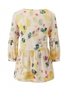 SHEIN LUNE Women's Floral Printed Shirt With Ruffle Hemmed Long Sleeve - Apricot - View 2