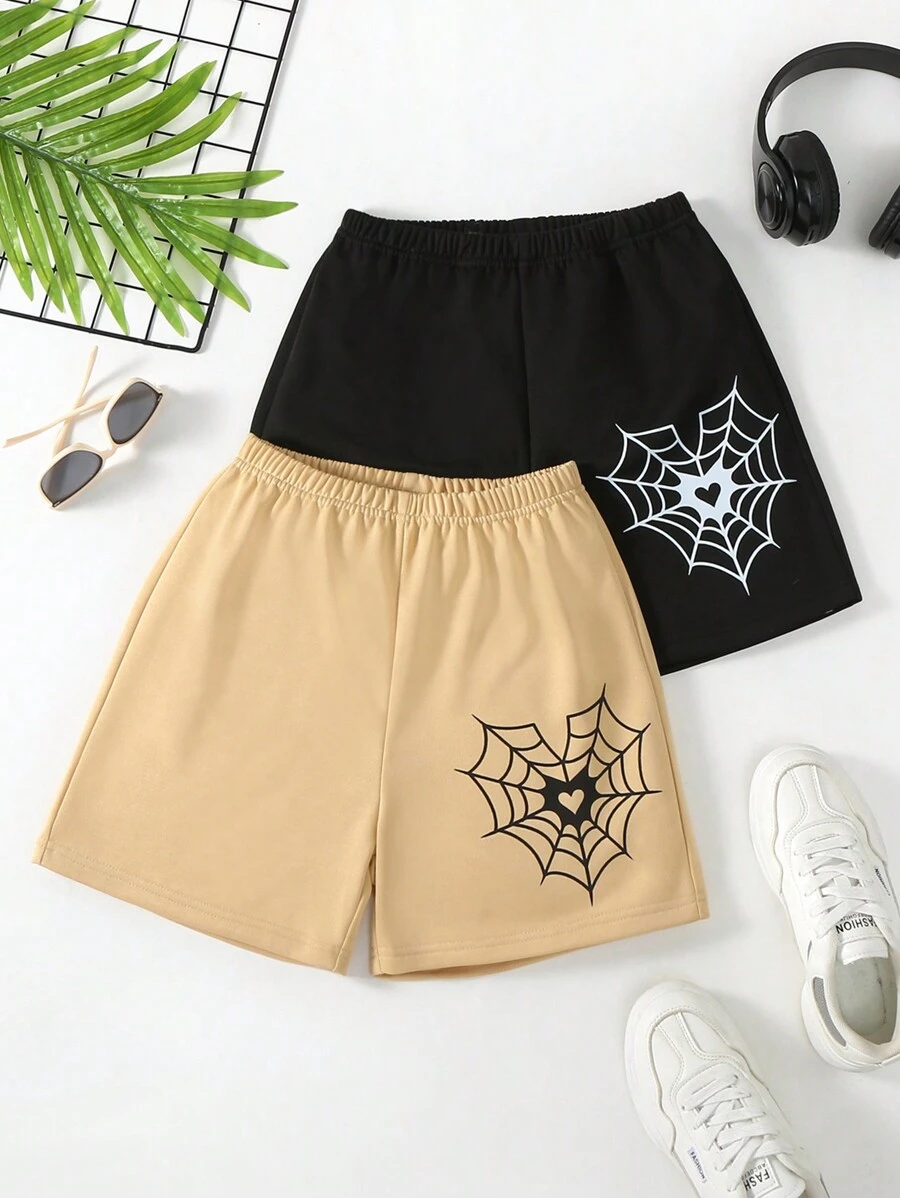 SHEIN 2入組女童彈性腰間蜘蛛網心形圖案短褲,休閒運動短褲套裝,適用於春夏季 - 卡其色 - 查看 1