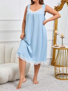 Camisón de dormir sin mangas con dobladillo de encaje para mujer de talla grande
